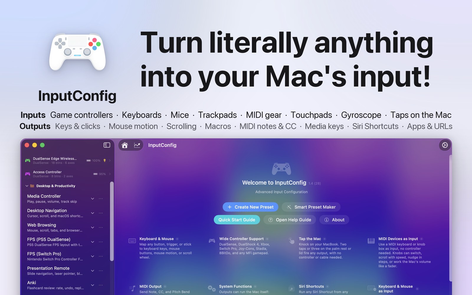 InputConfig main window showing presets, mappings, and a live controller visualizer