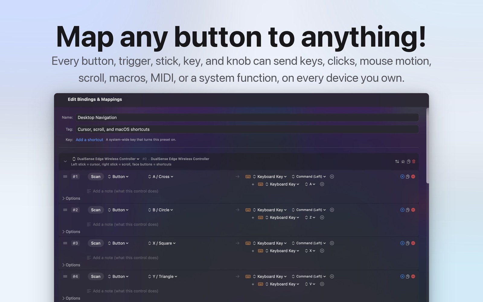 Mapping editor assigning keyboard and mouse outputs to controller buttons