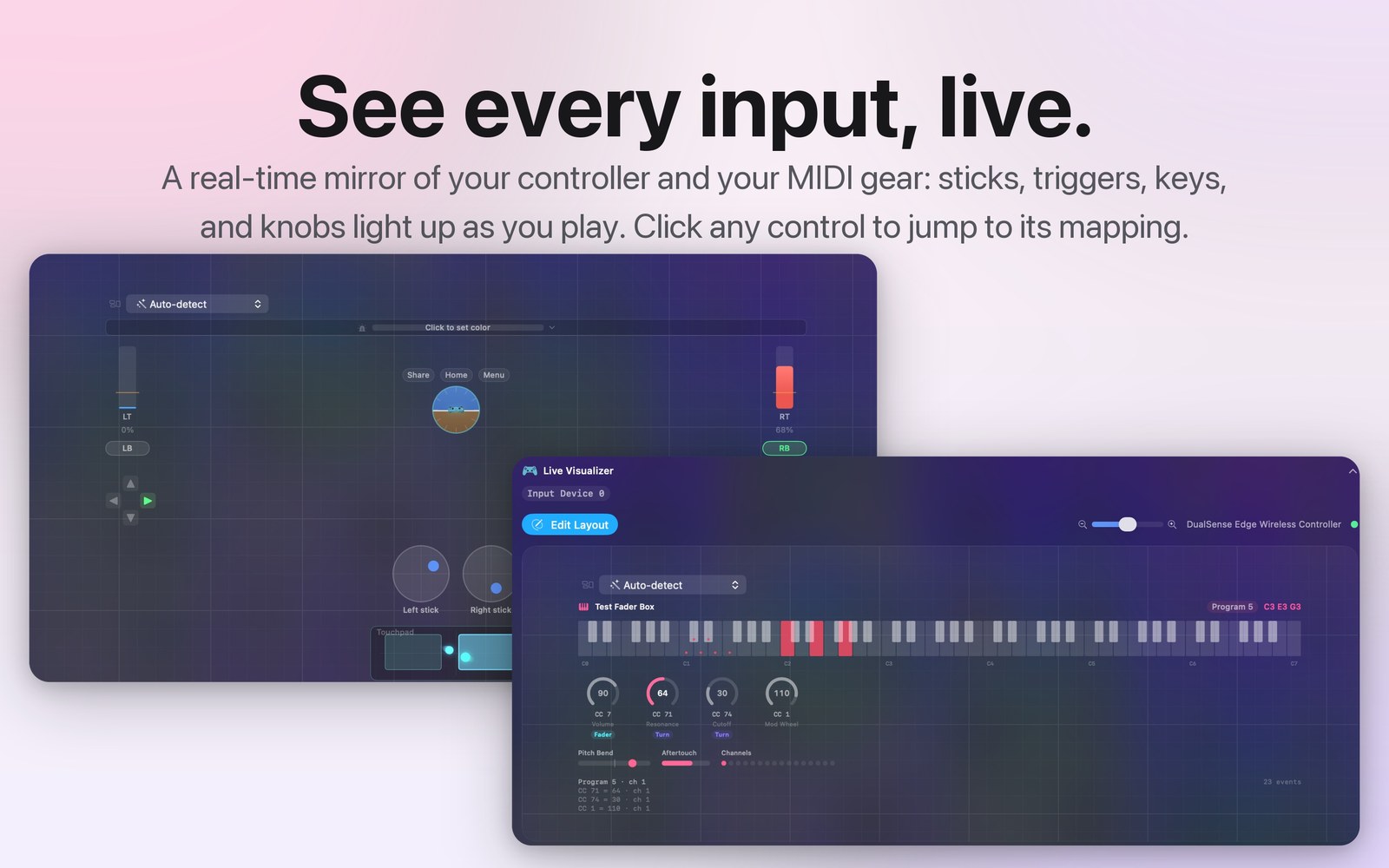 Live controller visualizer lighting up pressed buttons in real time