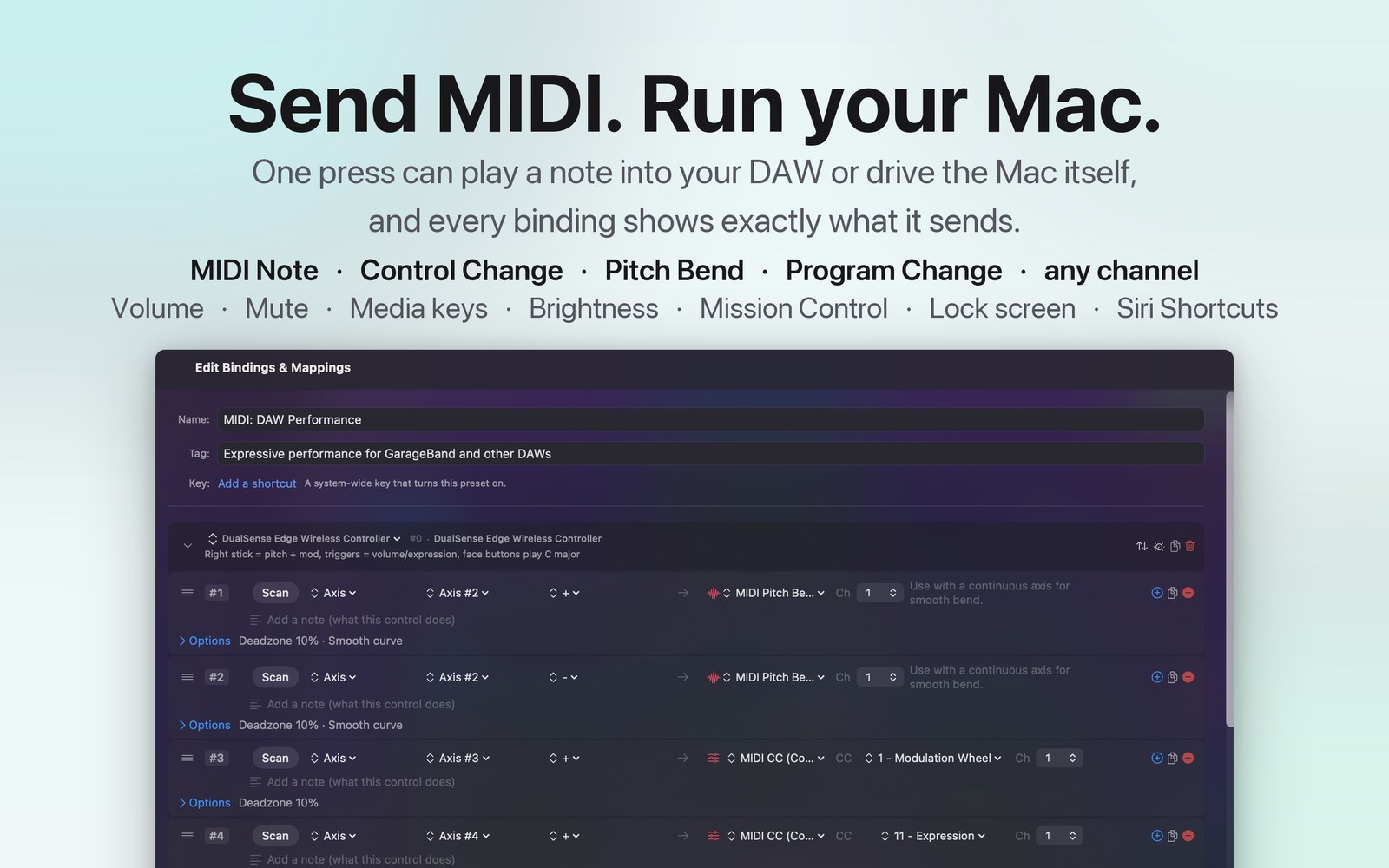 Unique outputs: MIDI, spoken phrases, and app launches from one control